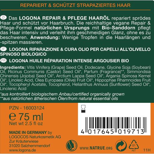 LOGONA REPAIR hoitava luomutyrni-hiusöljy - 75 ml