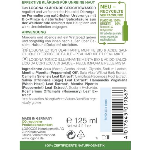 Rengörande ansiktsvatten med organisk mint och salicylsyra - 125 ml